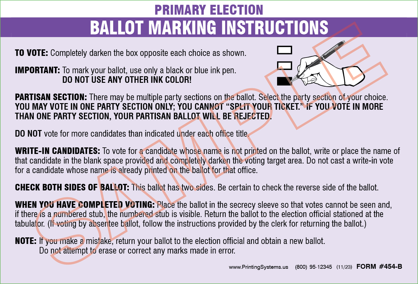 Printing Systems · 454B AV Ballot Instruction Sheets (Primary) Boxes (500 per pkg.)